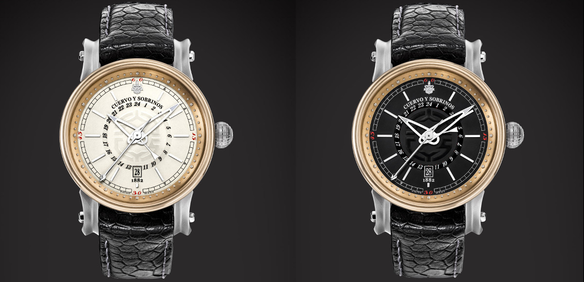 Le due versioni dell'orologio Cuervo y Sobrinos Torpedo Pirata GMT